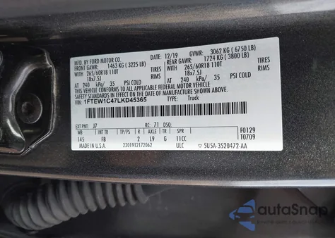 2020 Ford F-150 Xlt z USA, uszkodzony, nr VIN 1FTEW1C47LKD45365